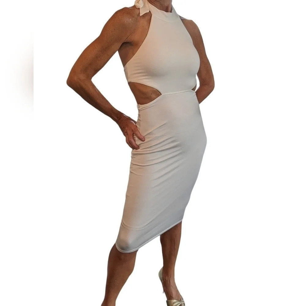 NWT Rachel Pally Dress XS Cream Modal Cutout Halter Bodycon Midi Made USA